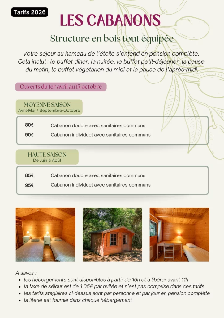 TARIFS CABANONS 2026