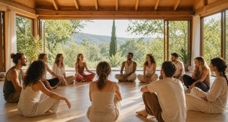 Participants accueillis dans un stage de danse libre au Hameau de l'Étoile