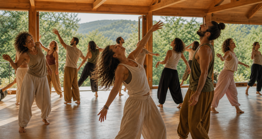 01 deroule stage mouvement guide Participants en mouvement libre pendant un stage guidé