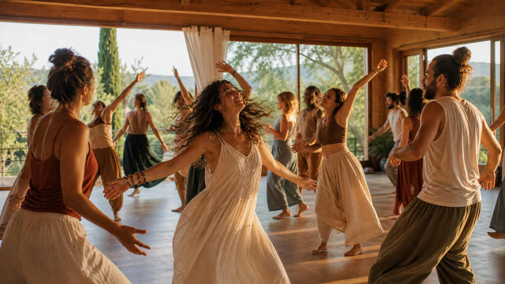 Groupe en danse libre immersive proche de l'esprit Ecstatic Dance